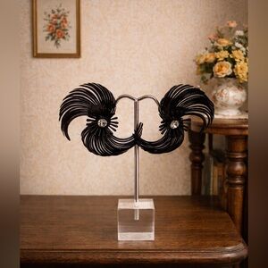 Vintage 1950s Black Statement Feather Clip on Earrings with Rhinestones